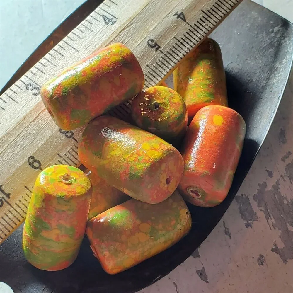 Vintage Japanese Mottled Decoupage Beads Coral Pink Cream Green 22mm Tube 4pcs